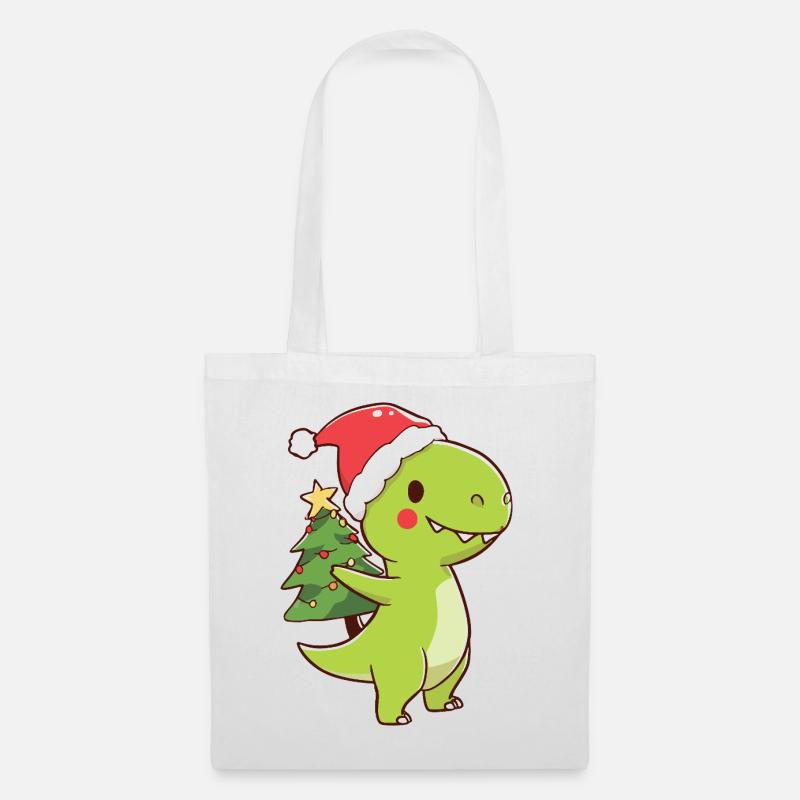 Kawaii Dino T-Rex mit Weihnachtsbaum - Stoffbeutel - Weiß