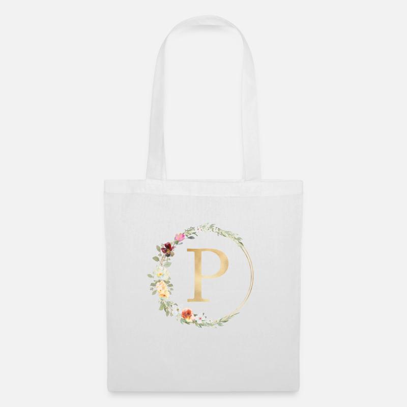 Personalisierbar Monogramm P Floral - Stoffbeutel - Weiß