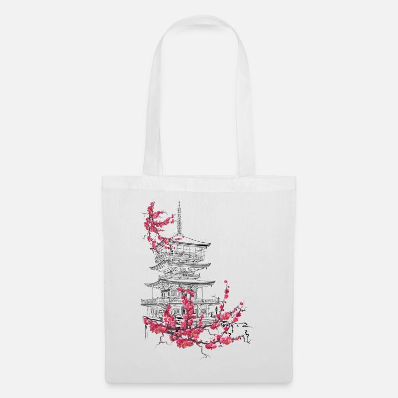 Pagode und Sakura - Stoffbeutel - Weiß