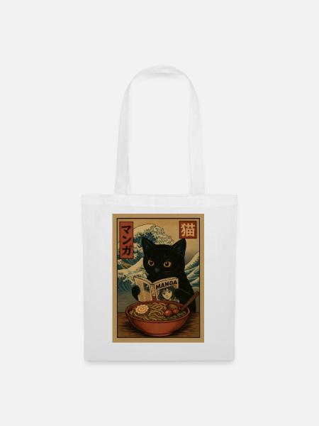 Katze las Manga und isst Ramen-Welle - Stoffbeutel - Weiß