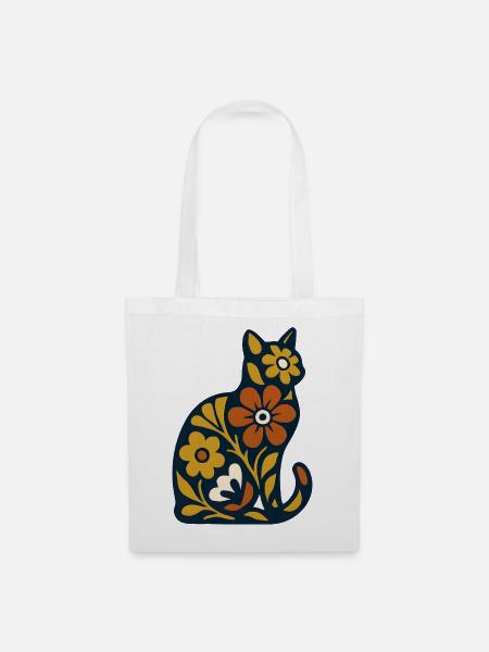 Blütenkatze Folk-Art Muster - Stoffbeutel - Weiß