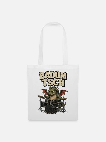 Drache am Schlagzeug Badumtsch - Stoffbeutel - Weiß