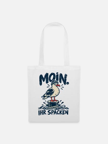 Moin! Ihr Spacken – Freche Möwe im Retro Look - Stoffbeutel - Weiß