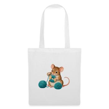 Maus wickelt einen Wollpompon - Stoffbeutel - Weiß - Vorne