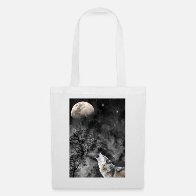 Howling wolf with moon, trees and smoke/clouds - Tote Bag - white