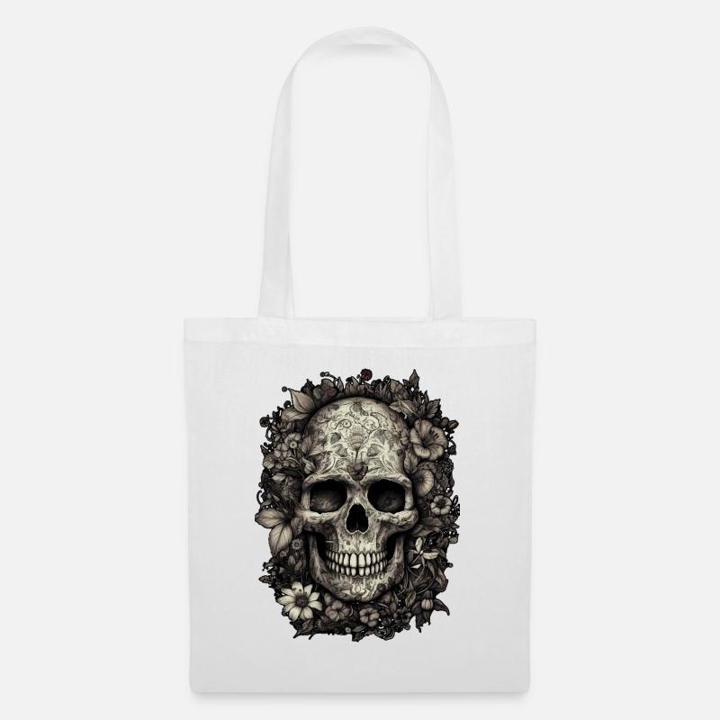 Cooler Boho Totenkopf mit Tattoos und Blumen - Stoffbeutel - Weiß
