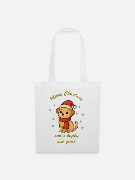 Weihnachtshund mit Schal - Stoffbeutel - Weiß