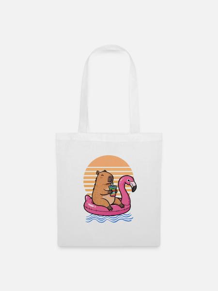 Capybara auf rosa Flamingo - Stoffbeutel - Weiß