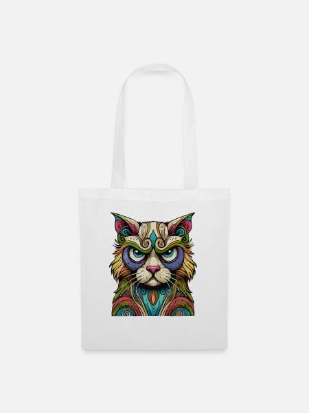 Bunter Katzenblick – Mystische Kunst - Stoffbeutel - Weiß