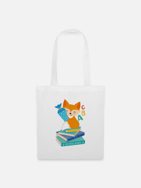Fuchs mit Schultüte auf Bücherstapel Einschulung - Stoffbeutel - Weiß