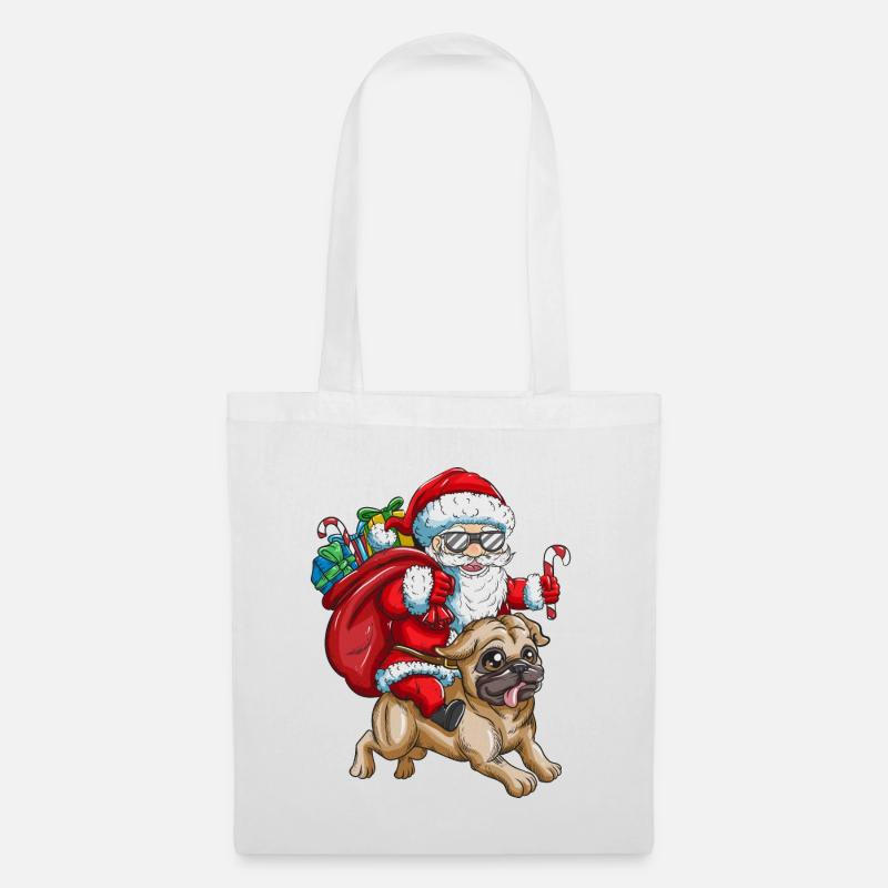 Mops Weihnachtsmann mit Geschenken Weihnachten - Stoffbeutel - Weiß