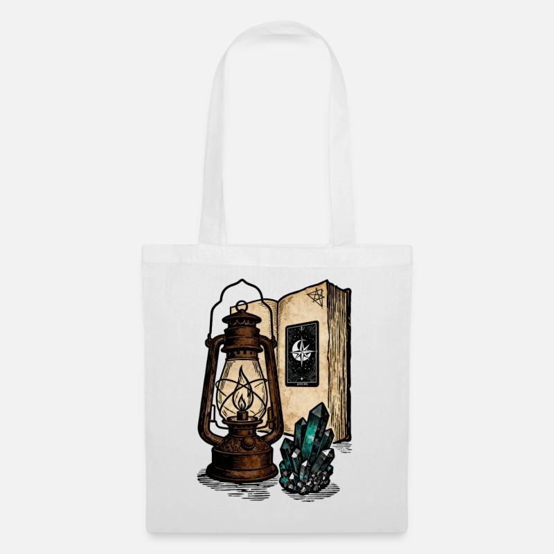 Lantern, Book and Crystals - Tote Bag - white