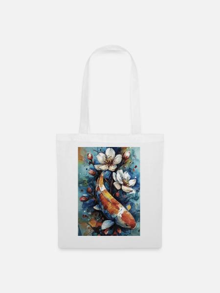 Aquarell-Koi und Blumen - Stoffbeutel - Weiß