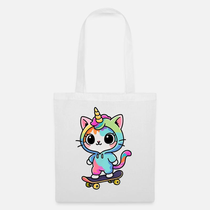 Regenbogen Einhorn Katze Schlittschuh - Stoffbeutel - Weiß