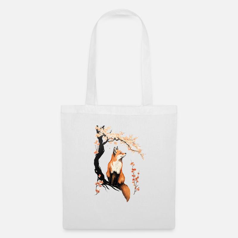 Fox & Sakura: Wildtiere Und Frühlingslandschaft - Stoffbeutel - Weiß