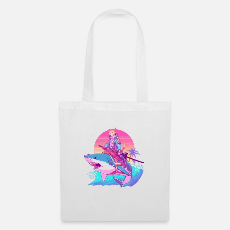 Samurai Cat on a Shark 80s - Tote Bag - white