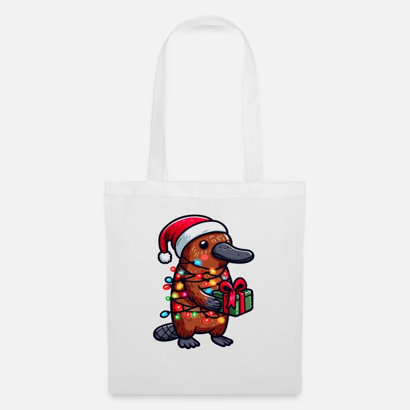 Schnabeltier trägt Weihnachtsmütze und hält eine Geschenkbox in der Hand - Stoffbeutel - Weiß