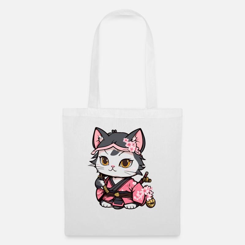 Samurai Katze & Kirschblüten #12 - Stoffbeutel - Weiß