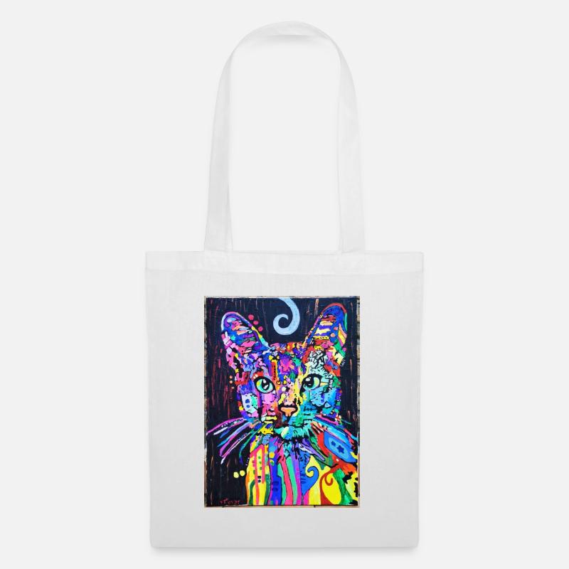 Katzenportrait mit Psychedelic-Design- Pop-Art - Stoffbeutel - Weiß
