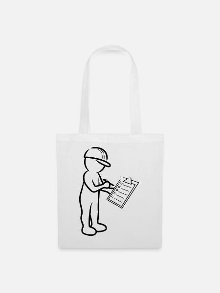 Männchen mit Helm und Checkliste auf Baustelle - Stoffbeutel - Weiß