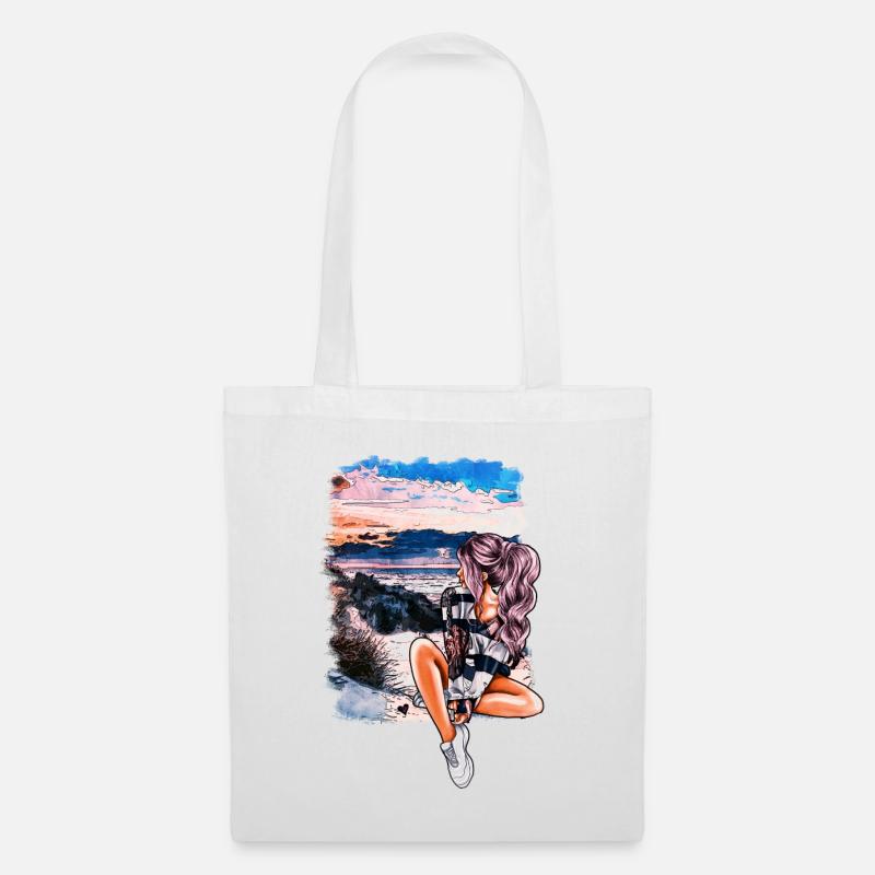 Mädchen am Strand Sommer Illustration - Stoffbeutel - Weiß