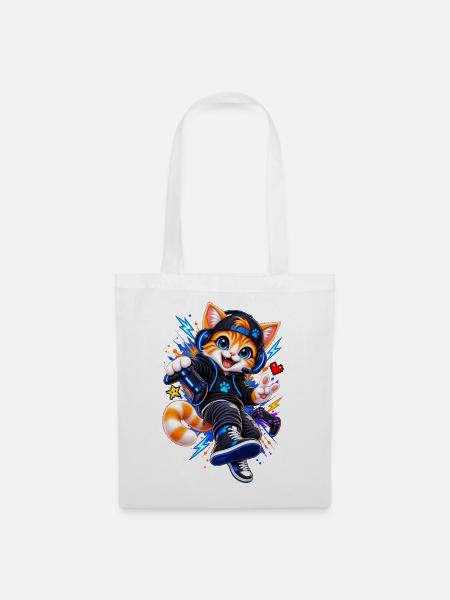 Gaming Katze – Gamer Cat - Stoffbeutel - Weiß