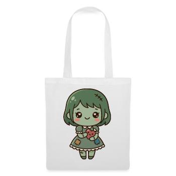 Süßes Kawaii-Zombie-Mädchen hält ein gesticktes Herz - Stoffbeutel - Weiß - Vorne
