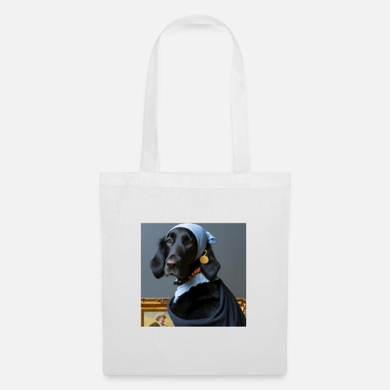 Flat Coated Retriever mit Perlenohrring - Stoffbeutel - Weiß
