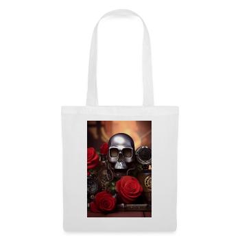 Metall Totenkopf mit Rosen - Stoffbeutel - Weiß - Vorne