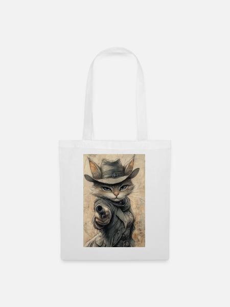 Katzen-Cowboy - Stoffbeutel - Weiß