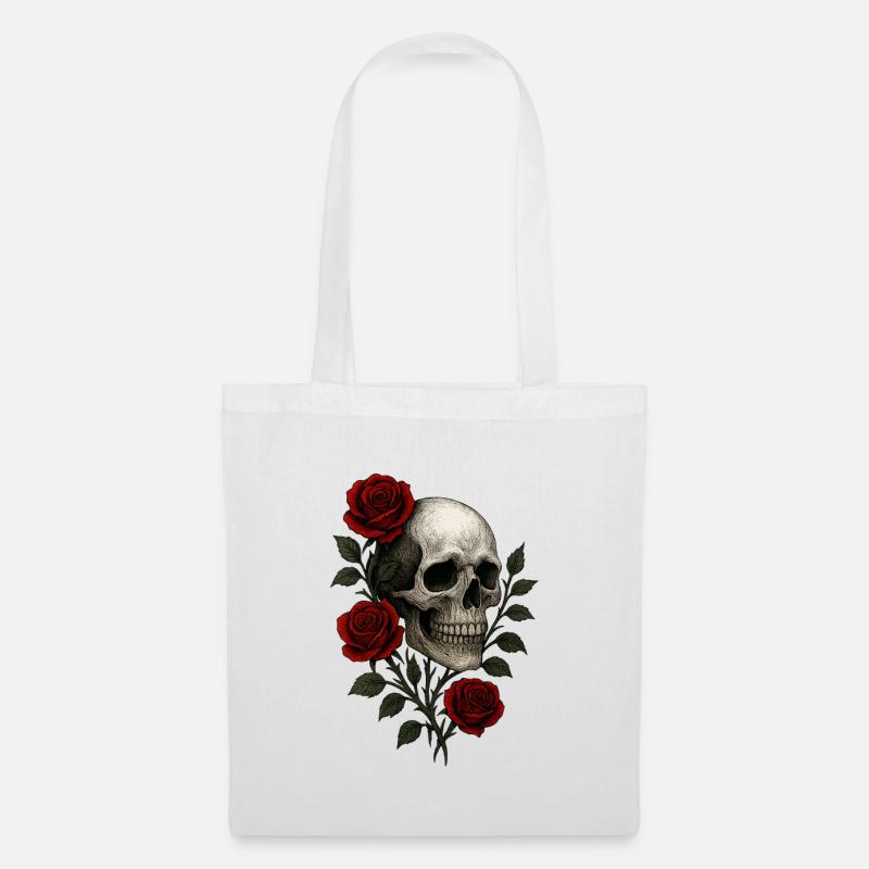 Gothic Skull with Romantic Roses Design - Tote Bag - white