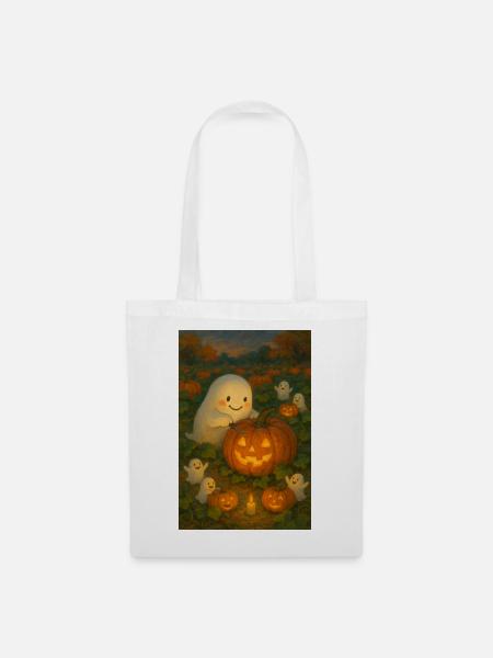 Gemütlicher Halloween Geist Schnitzen Kürbis - Stoffbeutel - Weiß