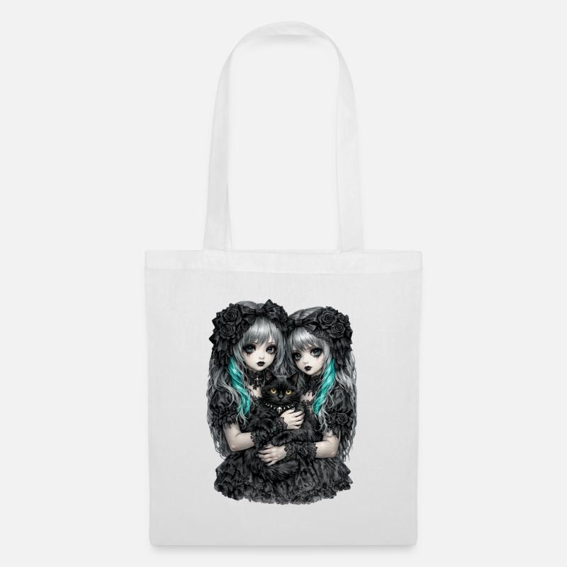 Gothic Zwillinge und schwarze Katze - Stoffbeutel - Weiß