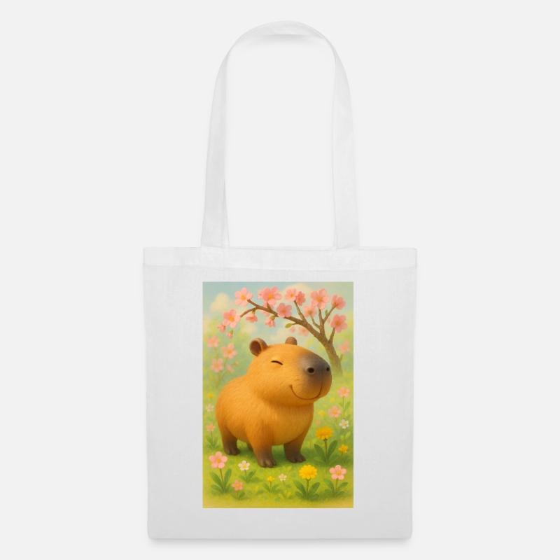 Fröhlicher Capybara im Frühlingsgarten - Stoffbeutel - Weiß