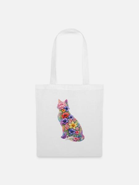 Katze Blumen Bunt - Stoffbeutel - Weiß