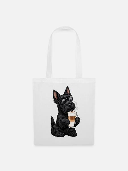 Scottish Terrier mit Latte Macchiato - Stoffbeutel - Weiß