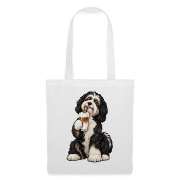 Tibet Terrier mit Latte Macchiato – Kaffeepause - Stoffbeutel - Weiß - Vorne