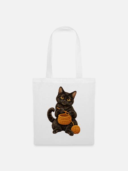 Schwarze Katze häkelt einen Korb - Stoffbeutel - Weiß
