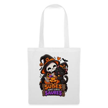 Süßes Skelettchen mit Halloween-Katze - Stoffbeutel - Weiß - Vorne