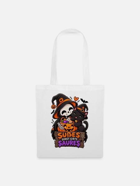 Süßes Skelettchen mit Halloween-Katze - Stoffbeutel - Weiß