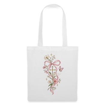 Blütenkreuz mit Rosa Band - Stoffbeutel - Weiß - Vorne