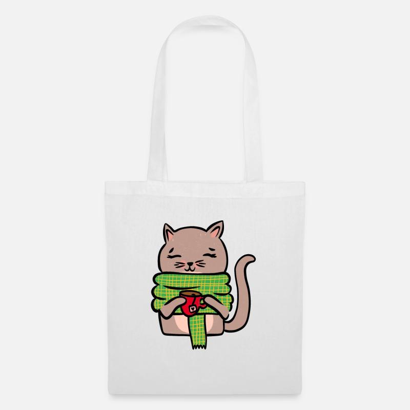 Strickende Katze mit Schal - Stoffbeutel - Weiß