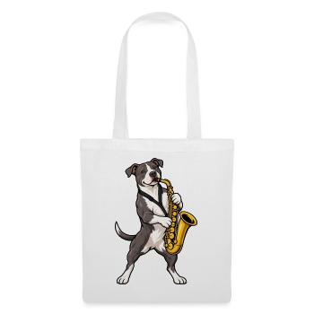 American Staffordshire Terrier mit Saxophon - Stoffbeutel - Weiß - Vorne
