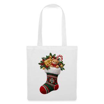 Weihnachtsstrumpf mit Teddy - Stoffbeutel - Weiß - Vorne