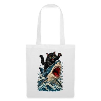 Angry Black Cat Riding a Great White Shark - Stoffbeutel - Weiß - Vorne