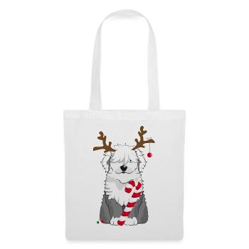 Chien bobtail avec canne à sucre et bois de renne - Sac en tissu - blanc - Devant