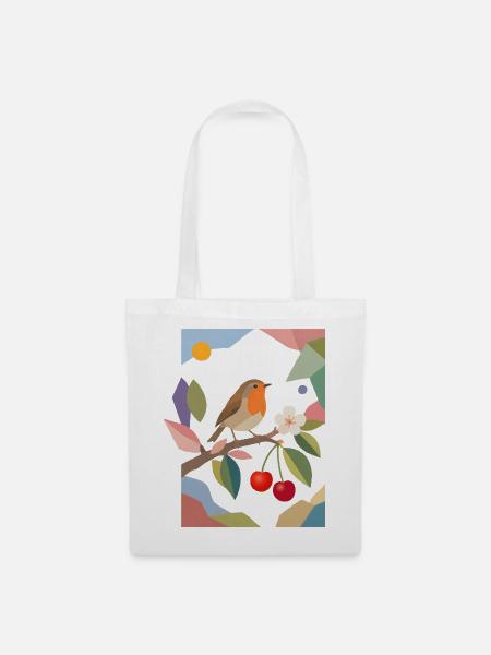 Rotkehlchen Vogel auf Ast Kirsch Design - Stoffbeutel - Weiß
