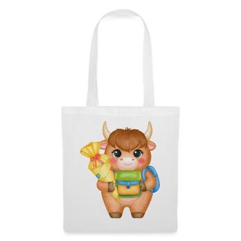 Vache Highland avec cône d’école et sacoche – École - Sac en tissu - blanc - Devant