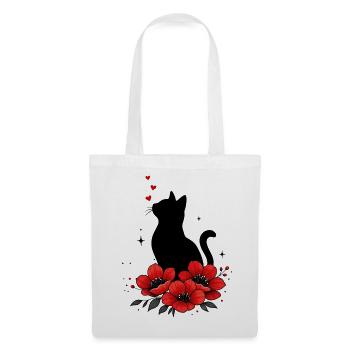Schwarze Katze & Rote Mohnblume - Stoffbeutel - Weiß - Vorne