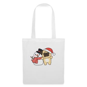 Mops mit Schneemann im Winter zu Weihnachten - Stoffbeutel - Weiß - Vorne